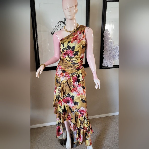 THEIA floral raffles sleeveless One shoulder bridal party gown yellow $795 - Picture 6 of 7